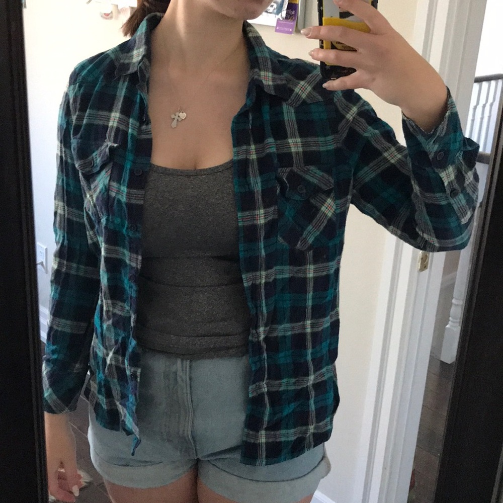 Blue Green Plaid Button-Down Top